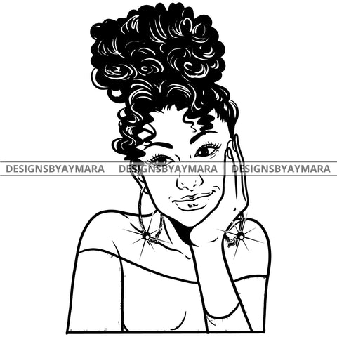 Afro Attractive Cute Urban Girl Boss Lady Queen Melanin Bamboo Hoop Earrings Curly Up Do Hair Style  B/W SVG Cutting Files For Silhouette Cricut More