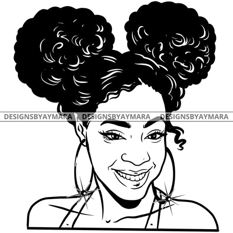 Afro Attractive Cute Urban Girl Boss Lady Queen Melanin Bamboo Hoop Earrings Curly Pigtails Hair Style B/W SVG Cutting Files For Silhouette Cricut More