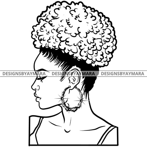 Afro Attractive Cute Urban Girl Boss Lady Queen Melanin Bamboo Hoop Earrings Curly Up Do Hair Style  B/W SVG Cutting Files For Silhouette Cricut More