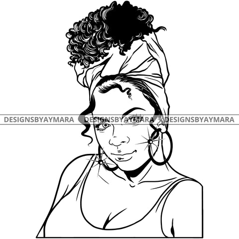 Afro Attractive Cute Urban Girl Boss Lady Queen Melanin Bamboo Hoop Earrings Turban Curly Up Do Hair Style  B/W SVG Cutting Files For Silhouette Cricut More