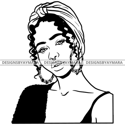 Afro Attractive Cute Urban Girl Boss Lady Queen Melanin Bamboo Hoop Earrings Turban  B/W SVG Cutting Files For Silhouette Cricut More