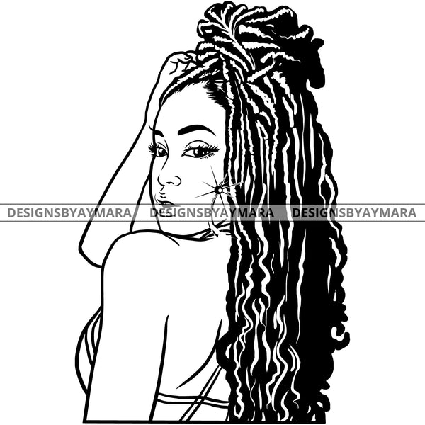 Afro Attractive Cute Urban Girl Boss Lady Queen Melanin Bamboo Hoop Earrings Long Dreadlocks Hair Style B/W SVG Cutting Files For Silhouette Cricut More
