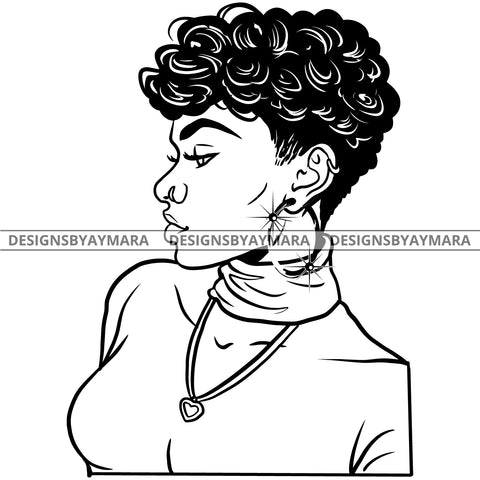 Afro Attractive Cute Urban Girl Boss Lady Queen Melanin Bamboo Hoop Earrings Curly Short  Hair Style  B/W SVG Cutting Files For Silhouette Cricut More