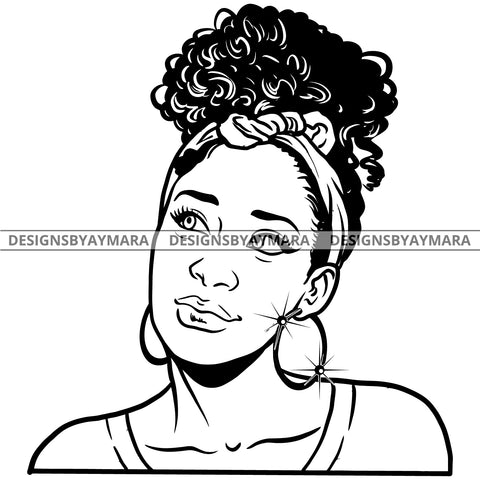 Afro Attractive Cute Urban Girl Boss Lady Queen Melanin Bamboo Hoop Earrings Curly Up Do Hair Style  B/W SVG Cutting Files For Silhouette Cricut More