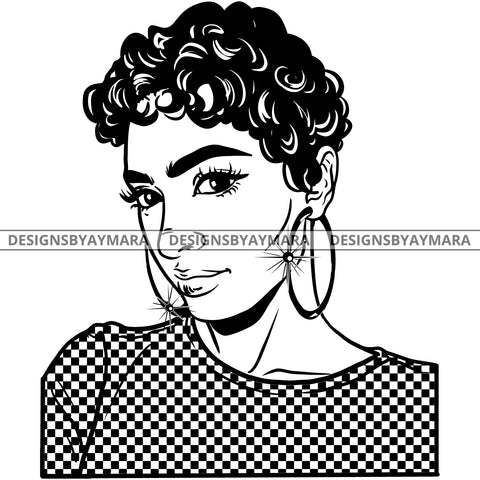 Afro Attractive Cute Urban Girl Boss Lady Queen Melanin Bamboo Hoop Earrings Short Curly Hair Style  B/W SVG Cutting Files For Silhouette Cricut More