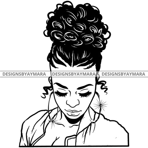 Afro Attractive Cute Urban Girl Boss Lady Queen Melanin Bow Bamboo Hoop Earrings Curly Up Do Hair Style  B/W SVG Cutting Files For Silhouette Cricut More