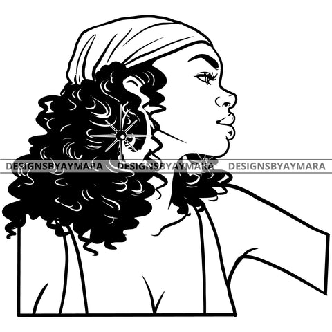 Afro Attractive Cute Urban Girl Boss Lady Queen Melanin Bandana Bamboo Hoop Earrings Curly Hair Style  B/W SVG Cutting Files For Silhouette Cricut More