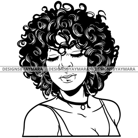 Afro Attractive Cute Urban Girl Boss Lady Queen Melanin Bamboo Hoop Earrings Short Curly Hair Style  B/W SVG Cutting Files For Silhouette Cricut More