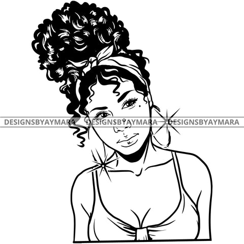Afro Attractive Cute Urban Girl Boss Lady Queen Melanin Bamboo Hoop Earrings Curly Up Do Hair Style  B/W SVG Cutting Files For Silhouette Cricut More