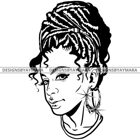 Afro Attractive Cute Urban Girl Boss Lady Queen Melanin Bamboo Hoop Earrings Curly Up Do Hair Style  B/W SVG Cutting Files For Silhouette Cricut More