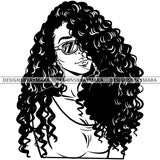 Afro Attractive Sexy Urban Girl Boss Lady Queen Melanin Sunglasses Long Curly Hair Style  B/W SVG Cutting Files For Silhouette Cricut More
