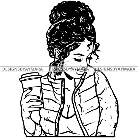 Afro Attractive Cute Urban Girl Boss Lady Queen Melanin Holding Drink  Bamboo Hoop Earrings Curly Up Do Hair Style  B/W SVG Cutting Files For Silhouette Cricut More
