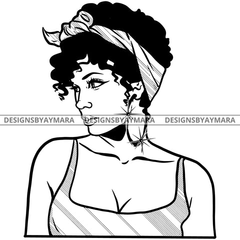 Afro Attractive Cute Urban Girl Boss Lady Queen Melanin Bandana Bamboo Hoop Earrings Curly Hair Style  B/W SVG Cutting Files For Silhouette Cricut More