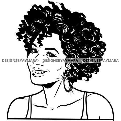 Afro Attractive Cute Urban Girl Boss Lady Queen Melanin Bamboo Hoop Earrings Curly Hair Style  B/W SVG Cutting Files For Silhouette Cricut More