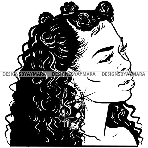 Afro Attractive Cute Urban Girl Boss Lady Queen Melanin Bamboo Hoop Earrings Curly Banku Knots Hair Style  B/W SVG Cutting Files For Silhouette Cricut More