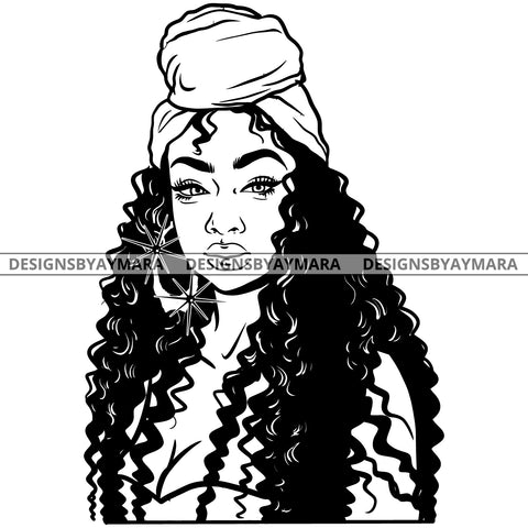 Afro Attractive Cute Urban Girl Boss Lady Queen Melanin Turban Bamboo Hoop Earrings Curly Hair Style  B/W SVG Cutting Files For Silhouette Cricut More