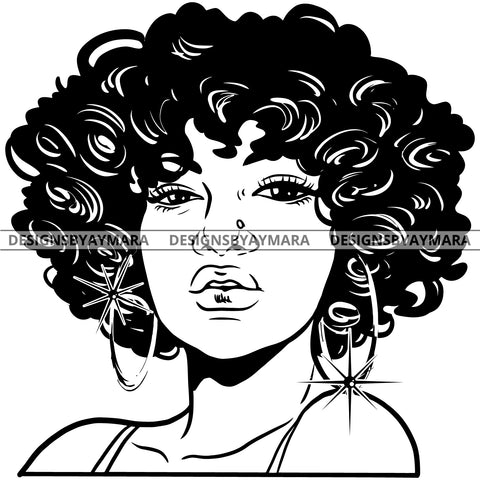 Afro Attractive Cute Urban Girl Boss Lady Queen Melanin Bamboo Bandana Hoop Earrings Curly Hair Style  B/W SVG Cutting Files For Silhouette Cricut More