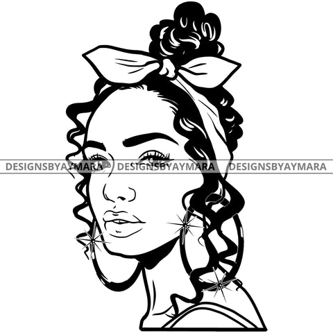Afro Attractive Cute Urban Girl Boss Lady Queen Melanin Bandana Bamboo Hoop Earrings Curly Hair Style  B/W SVG Cutting Files For Silhouette Cricut More