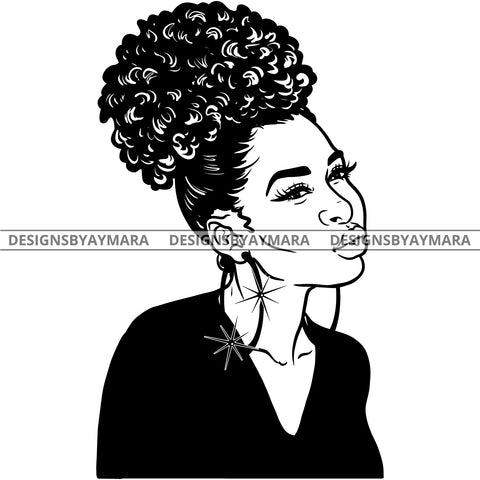 Afro Attractive Sexy  Urban Girl Boss Lady Queen Melanin Bamboo Hoop Earrings Up Do Hair Style  B/W SVG Cutting Files For Silhouette Cricut More