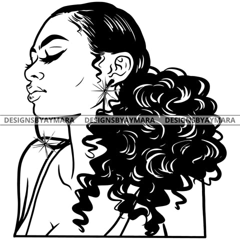 Afro Attractive Cute Urban Girl Boss Lady Queen Melanin Bamboo Hoop Earrings Curly Hair Style  B/W SVG Cutting Files For Silhouette Cricut More