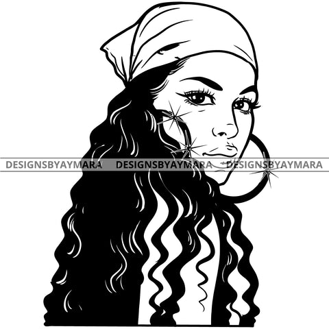 Afro Attractive Cute Urban Girl Boss Lady Queen Melanin Bandana Bamboo Hoop Earrings Curly Hair Style  B/W SVG Cutting Files For Silhouette Cricut More