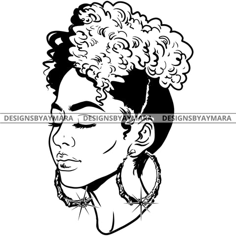 Afro Attractive Sexy  Urban Girl Boss Lady Queen Melanin Bamboo Hoop Earrings Up Do Hair Style  B/W SVG Cutting Files For Silhouette Cricut More
