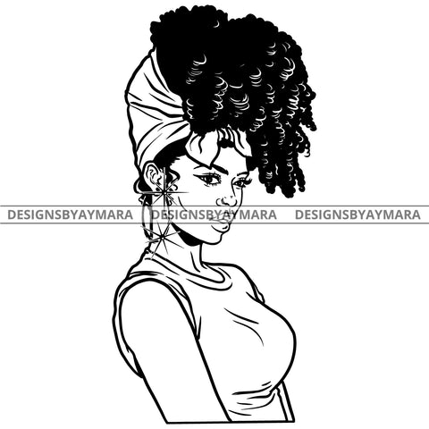 Afro Attractive Sexy  Urban Girl Boss Lady Queen Melanin Bamboo Hoop Earrings Up Do Hair Style  B/W SVG Cutting Files For Silhouette Cricut More