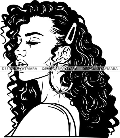 Afro Attractive Cute Urban Girl Boss Lady Queen Melanin Bamboo Hoop Earrings Curly Hair Style  B/W SVG Cutting Files For Silhouette Cricut More
