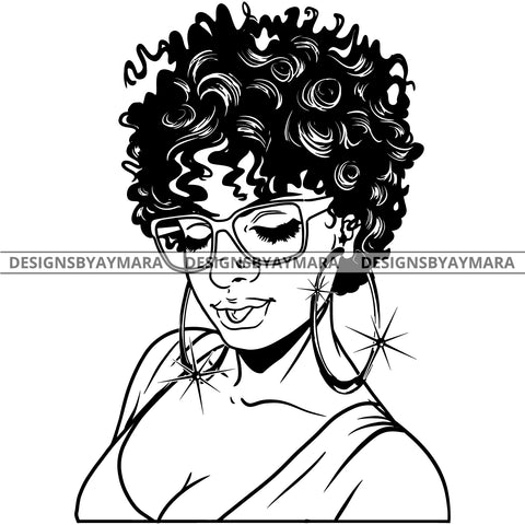 Afro Attractive Cute Urban Girl Boss Lady Queen Melanin Glasses Bamboo Hoop Earrings Curly Hair Style  B/W SVG Cutting Files For Silhouette Cricut More