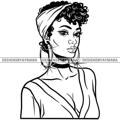 Afro Attractive Cute Urban Girl Boss Lady Queen Melanin Bandana Bamboo Hoop Earrings Curly Hair Style  B/W SVG Cutting Files For Silhouette Cricut More