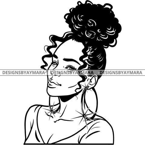 Afro Attractive Sexy  Urban Girl Boss Lady Queen Melanin Bamboo Hoop Earrings Up Do Hair Style  B/W SVG Cutting Files For Silhouette Cricut More