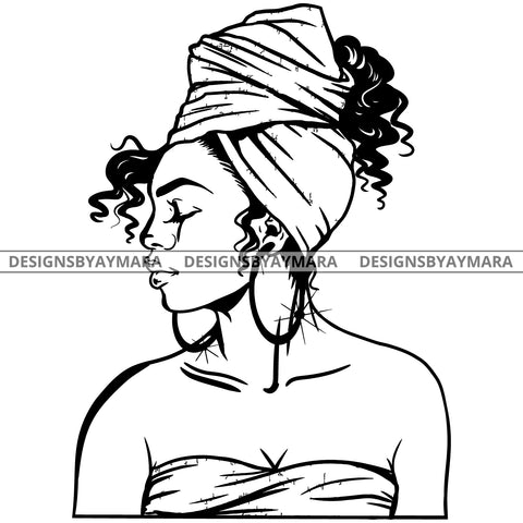 Afro Attractive Cute Urban Girl Boss Lady Queen Melanin Bandana Bamboo Hoop Earrings Curly Hair Style  B/W SVG Cutting Files For Silhouette Cricut More