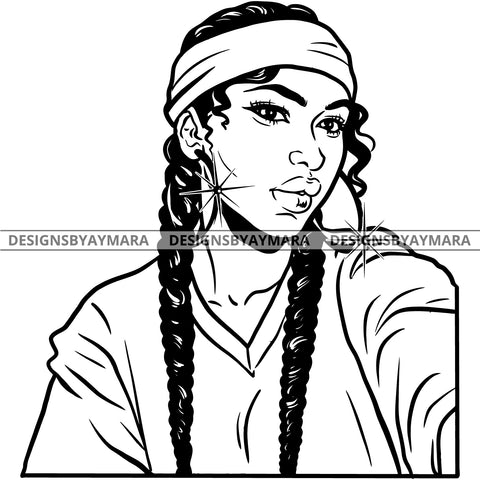 Afro Attractive Cute Urban Girl Boss Lady Queen Melanin Bandana Braids Bamboo Hoop Earrings Curly Hair Style  B/W SVG Cutting Files For Silhouette Cricut More