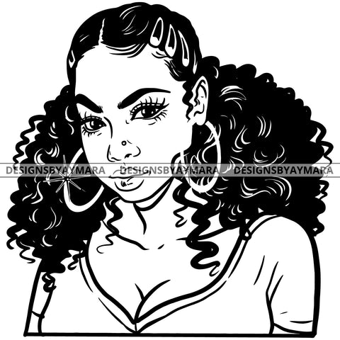 Afro Attractive Cute Urban Girl Boss Lady Queen Melanin Bamboo Hoop Earrings Pigtails Hair Style  B/W SVG Cutting Files For Silhouette Cricut More