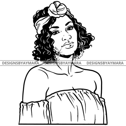 Afro Attractive Cute Urban Girl Boss Lady Queen Melanin Bamboo Bandana Hoop Earrings Curly Hair Style  B/W SVG Cutting Files For Silhouette Cricut More