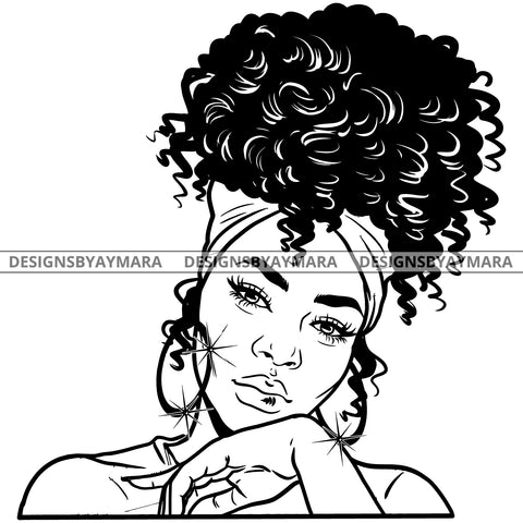 Afro Attractive Cute Urban Girl Boss Lady Queen Melanin Bamboo Bandana Hoop Earrings Curly Up Do Hair Style  B/W SVG Cutting Files For Silhouette Cricut More