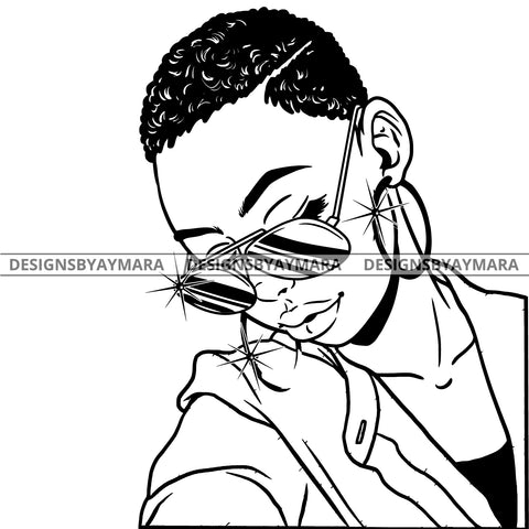 Afro Attractive Cute Urban Girl Boss Lady Queen Melanin Sunglasses Bamboo Hoop Earrings Short Hair Style  B/W SVG Cutting Files For Silhouette Cricut More