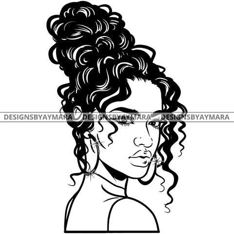 Afro Attractive Sexy  Urban Girl Boss Lady Queen Melanin Bamboo Hoop Earrings Up Do Hair Style  B/W SVG Cutting Files For Silhouette Cricut More