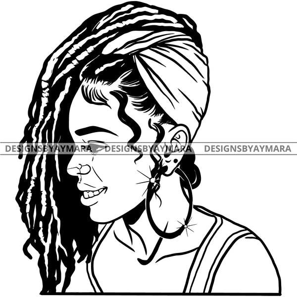Afro Attractive Sexy  Urban Girl Boss Lady Queen Melanin Bamboo Hoop Earrings Turban Up Do Dreadlocks Hair Style  B/W SVG Cutting Files For Silhouette Cricut More
