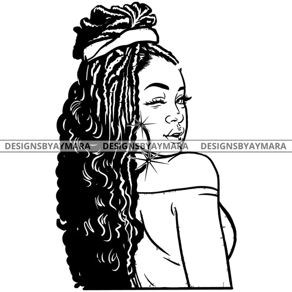 Afro Attractive Sexy  Urban Girl Boss Lady Queen Melanin Bamboo Hoop Earrings Dreadlocks Hair Style  B/W SVG Cutting Files For Silhouette Cricut More