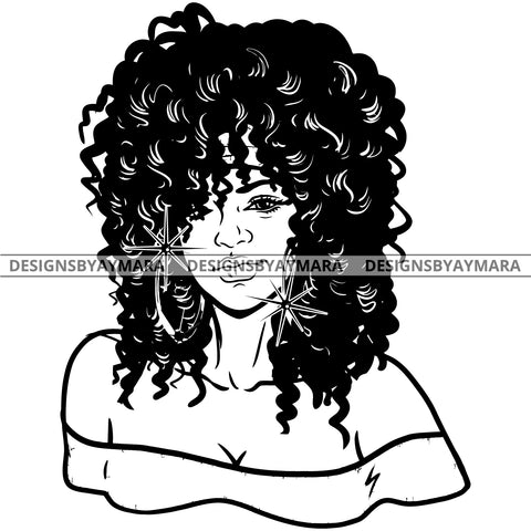 Afro Attractive  Urban Girl Boss Lady Queen Melanin Bamboo Hoop Earrings Curly Hair Style  B/W SVG Cutting Files For Silhouette Cricut More