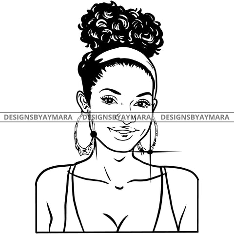 Afro Attractive Sexy  Urban Girl Boss Lady Queen Melanin Bamboo Hoop Earrings Up Do Hair Style  B/W SVG Cutting Files For Silhouette Cricut More