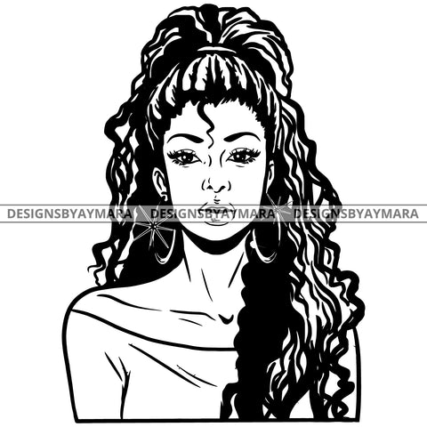 Afro Attractive Cute Urban Girl Boss Lady Queen Melanin Bamboo Hoop Earrings Curly Hair Style  B/W SVG Cutting Files For Silhouette Cricut More