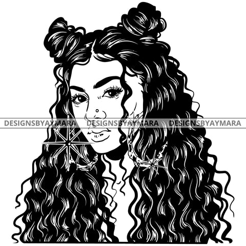 Afro Attractive Cute Urban Girl Boss Lady Queen Melanin Bamboo Hoop Earrings Curly Banku Knots Hair Style  B/W SVG Cutting Files For Silhouette Cricut More