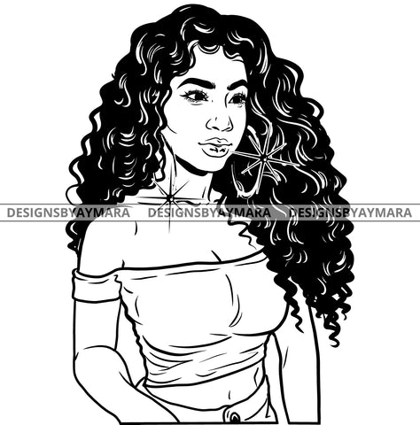 Afro Attractive Cute Urban Girl Boss Lady Queen Melanin Bamboo Hoop Earrings Curly Hair Style  B/W SVG Cutting Files For Silhouette Cricut More