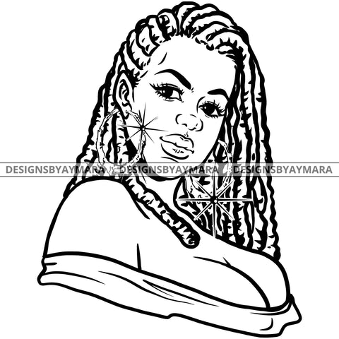 Afro Attractive Cute Urban Girl Boss Lady Queen Melanin Bamboo Hoop Earrings Long Dreadlocks Hair Style B/W SVG Cutting Files For Silhouette Cricut More