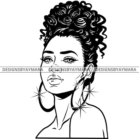 Afro Attractive Cute Urban Girl Boss Lady Queen Melanin Bamboo Hoop Earrings Curly Up Do Hair Style  B/W SVG Cutting Files For Silhouette Cricut More