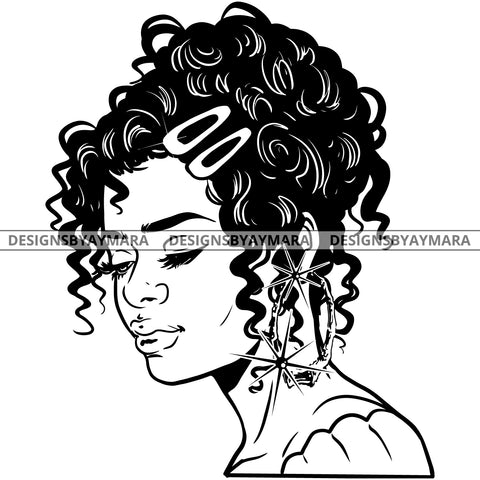 Afro Attractive Cute Urban Girl Boss Lady Queen Melanin Bamboo Bandana Hoop Earrings Curly Up Do Hair Style  B/W SVG Cutting Files For Silhouette Cricut More