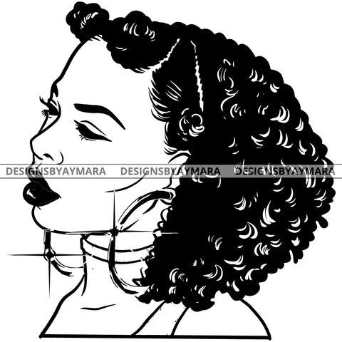 Afro Attractive Cute Urban Girl Boss Lady Queen Melanin Bamboo Hoop Earrings Curly Banku Knots Hair Style  B/W SVG Cutting Files For Silhouette Cricut More