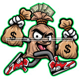 Money Bag Cartoon Character Holding Money Bag Running Vector Smile Face Design Element White Background Full Cash Dollar Notes SVG JPG PNG Vector Clipart Cricut Cutting Files
